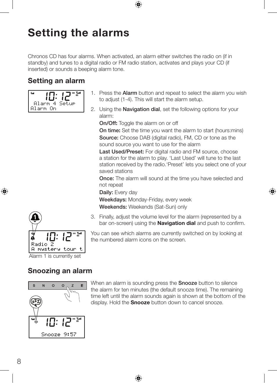 Setting the alarms, Setting an alarm, Snoozing an alarm | Pure Chronos CD Series 2 User Manual | Page 12 / 16