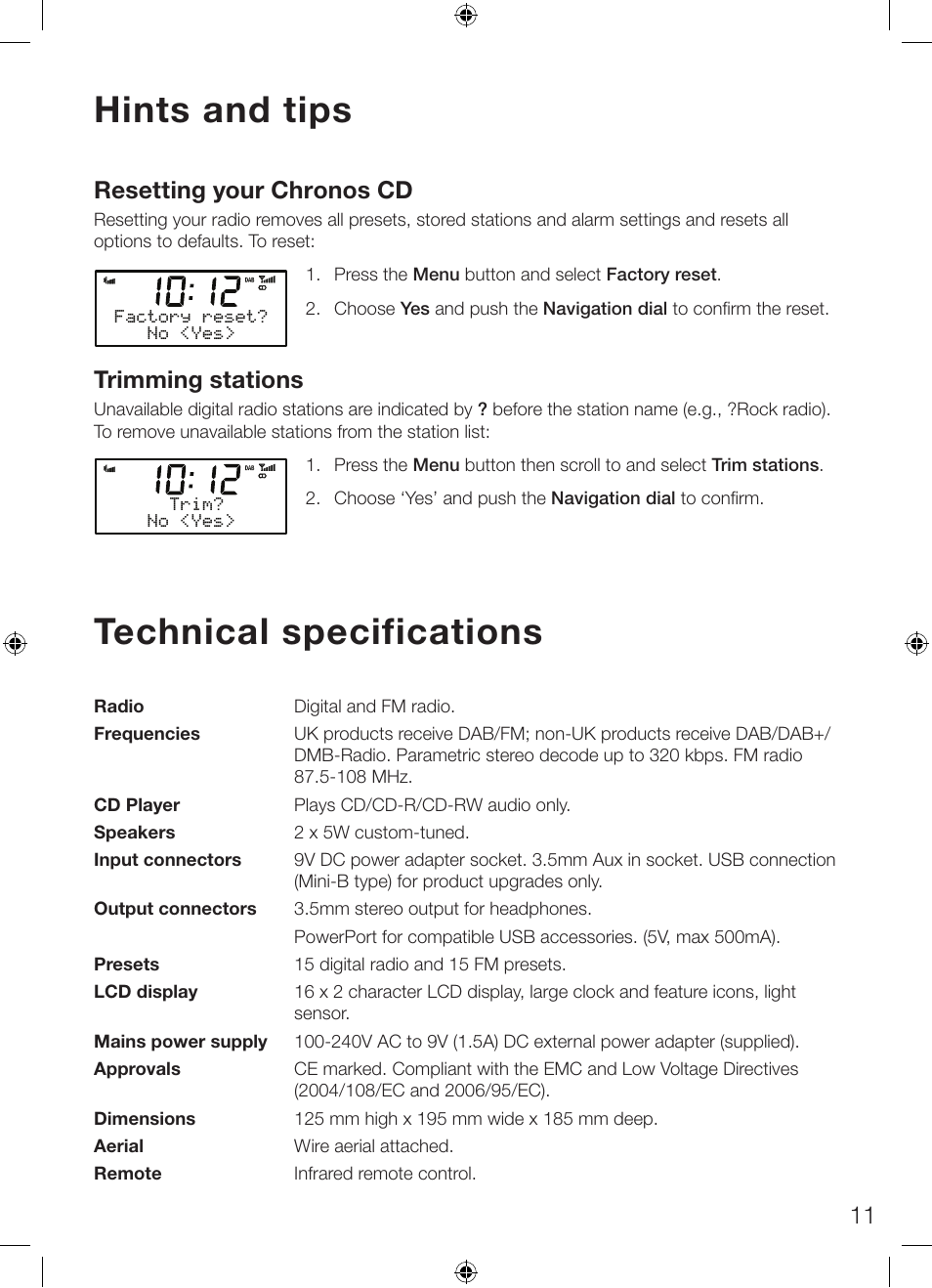 Hints and tips technical specifications, 11 resetting your chronos cd, Trimming stations | Pure Chronos CD Series 2 User Manual | Page 15 / 16