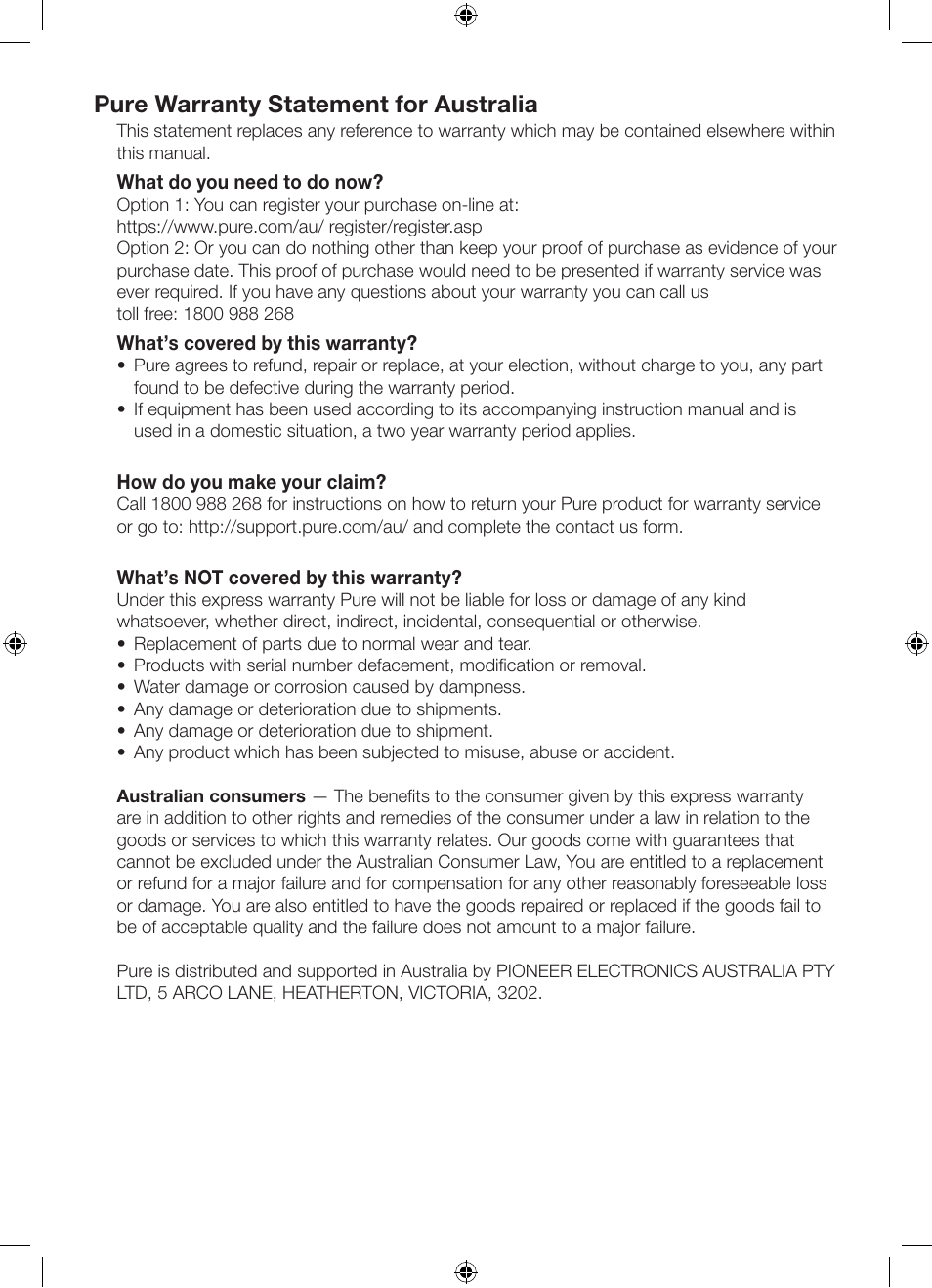Pure warranty statement for australia | Pure Chronos CD Series 2 User Manual | Page 2 / 16