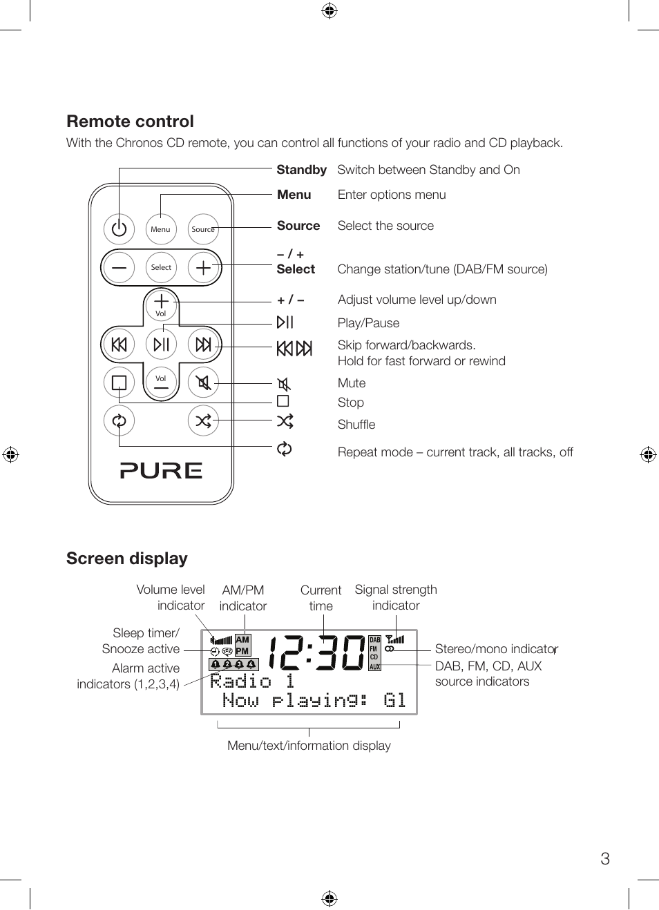 Radio 1 now playing: gl, 3screen display, Remote control | Pure Chronos CD Series 2 User Manual | Page 7 / 16