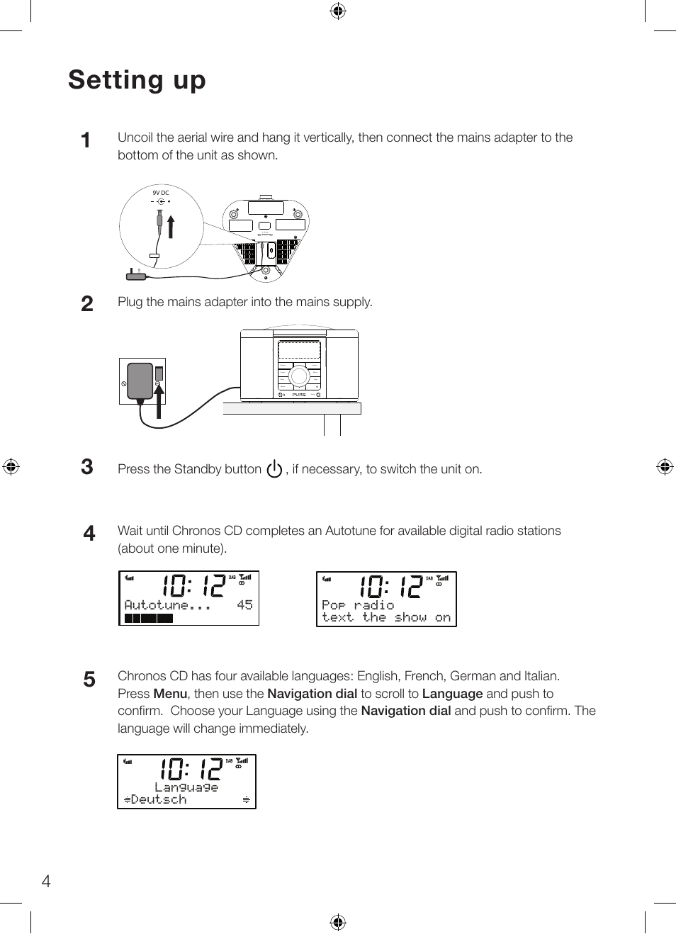 Setting up, Plug the mains adapter into the mains supply, Language deutsch | Pure Chronos CD Series 2 User Manual | Page 8 / 16