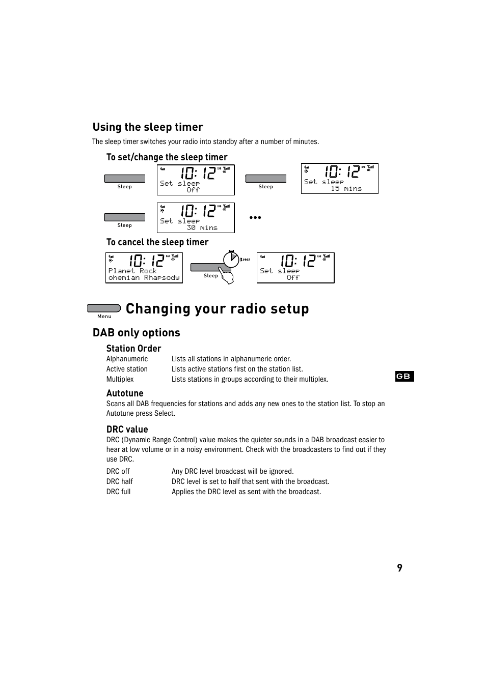 Changing your radio setup, Using the sleep timer, Dab only options | Pure Chronos CD User Manual | Page 11 / 16