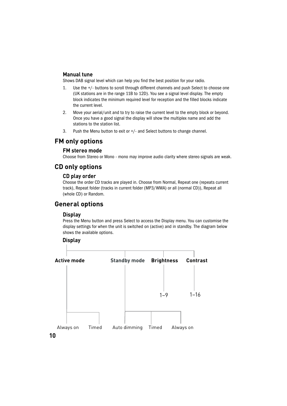 Fm only options, Cd only options, General options | Pure Chronos CD User Manual | Page 12 / 16