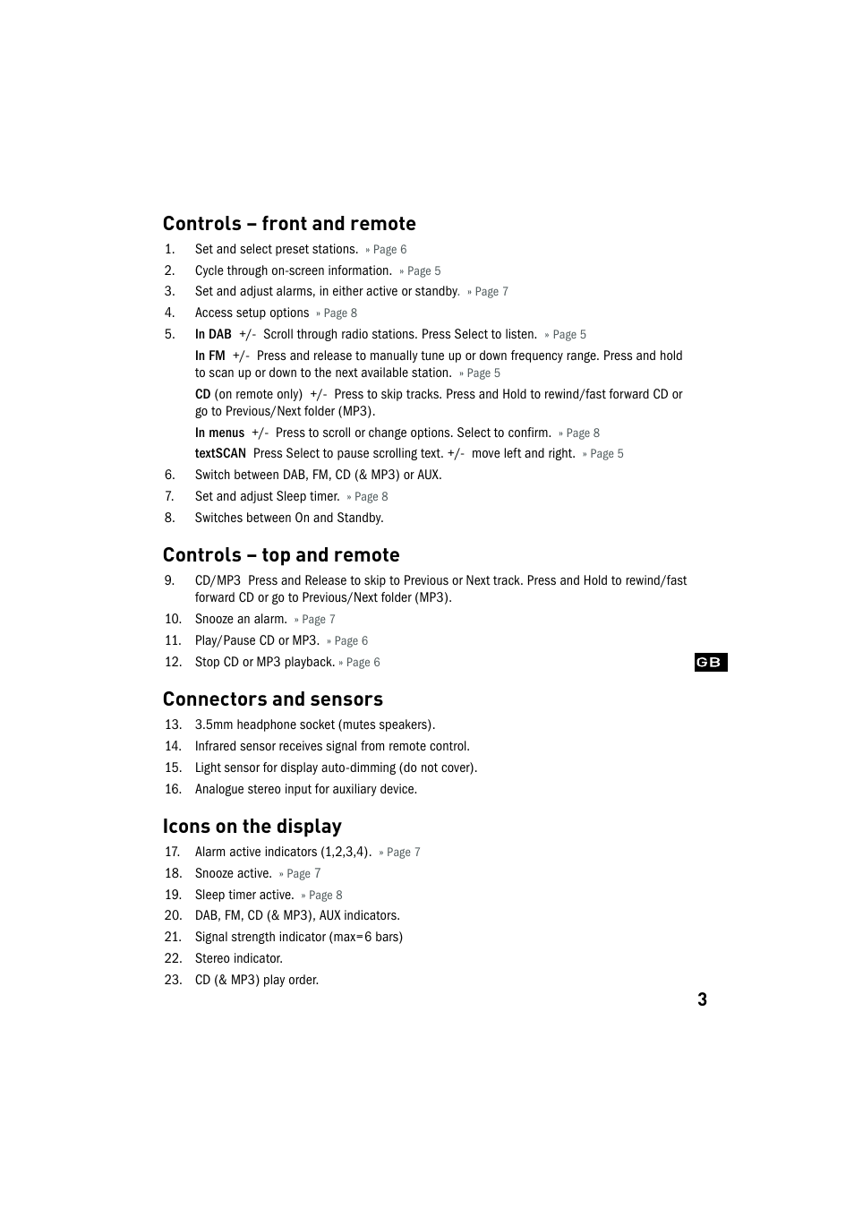 Controls – front and remote, Controls – top and remote, Connectors and sensors | Icons on the display | Pure Chronos CD User Manual | Page 5 / 16