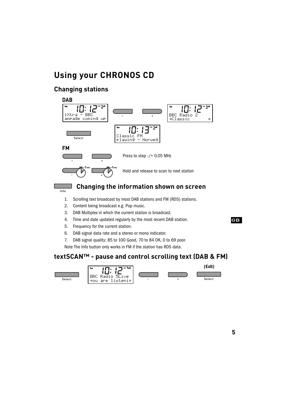 Using your chronos cd, Changing stations, Changing the information shown on screen | Dab fm | Pure Chronos CD User Manual | Page 7 / 16