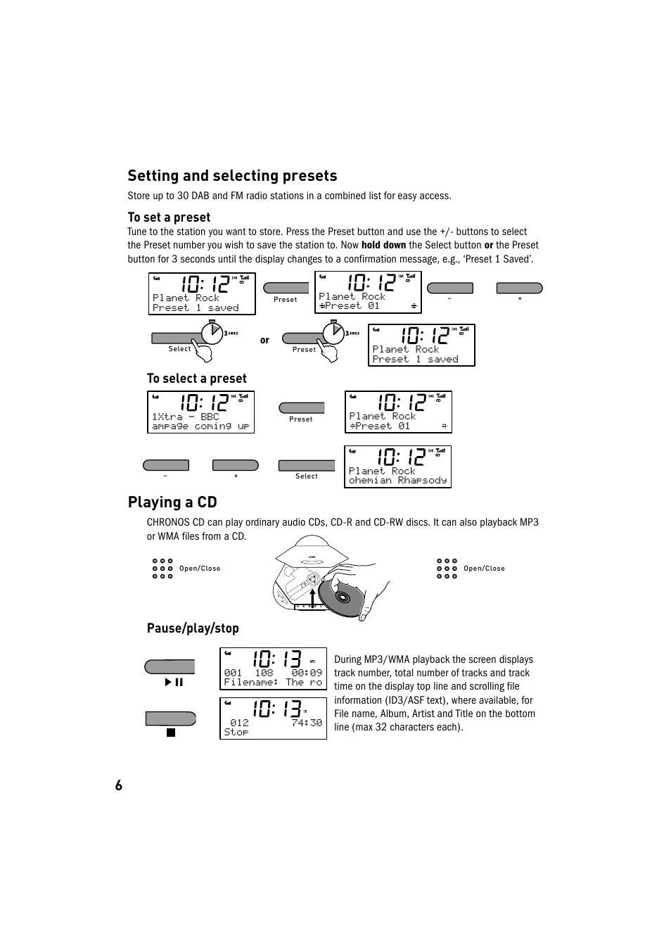 Setting and selecting presets, Playing a cd, Pause/play/stop | Pure Chronos CD User Manual | Page 8 / 16