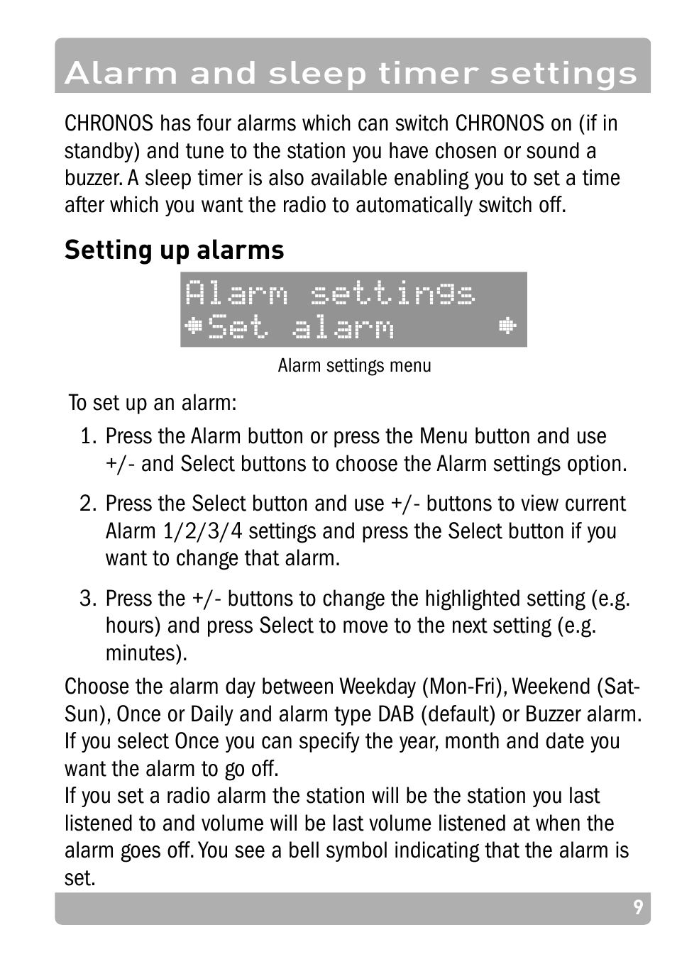 Alarm and sleep timer settings, Setting up alarms, Alarm settings set alarm | Pure Chronos - User Guide User Manual | Page 13 / 24