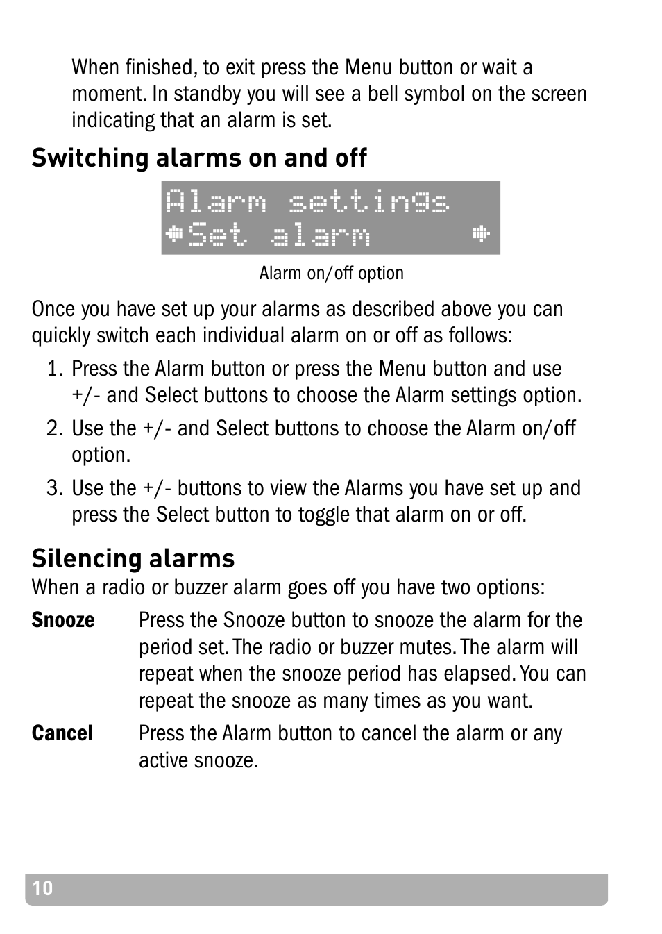 Switching alarms on and off, Silencing alarms, Alarm settings set alarm | Pure Chronos - User Guide User Manual | Page 14 / 24