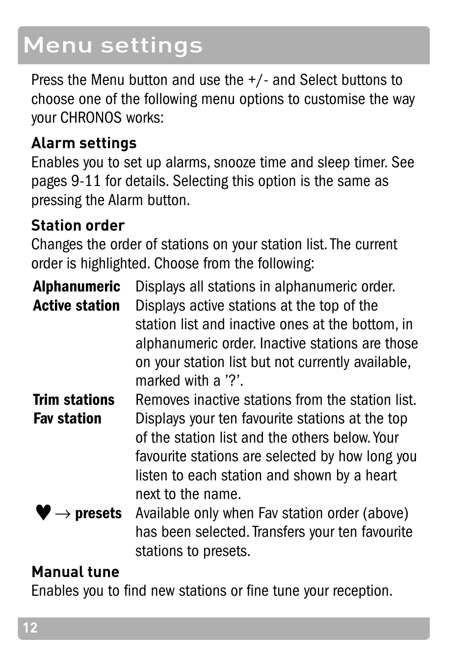 Menu settings | Pure Chronos - User Guide User Manual | Page 16 / 24