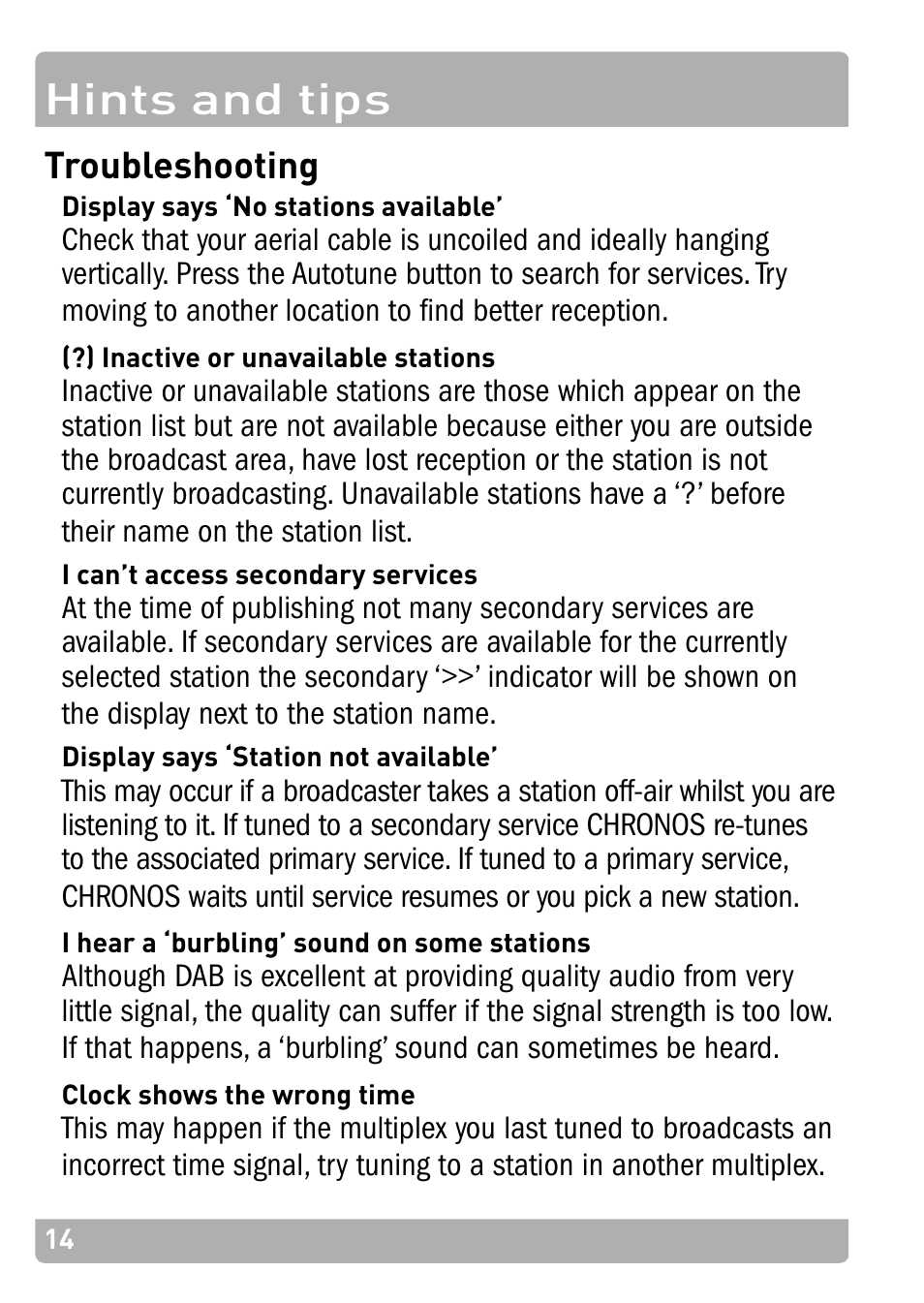 Hints and tips, Troubleshooting | Pure Chronos - User Guide User Manual | Page 18 / 24