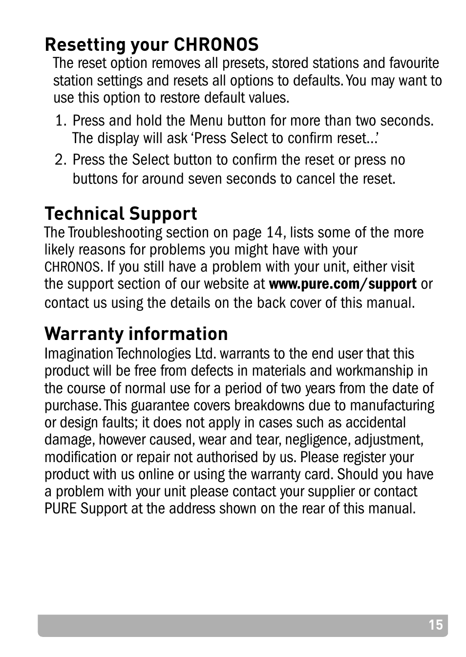 Resetting your chronos, Technical support, Warranty information | Pure Chronos - User Guide User Manual | Page 19 / 24