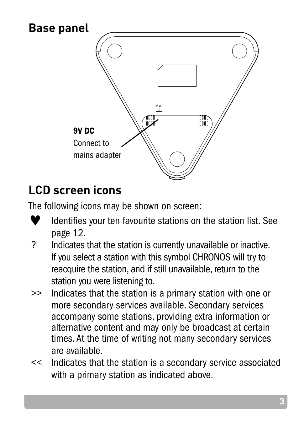 Base panel, Lcd screen icons, Base panel lcd screen icons | Pure Chronos - User Guide User Manual | Page 7 / 24