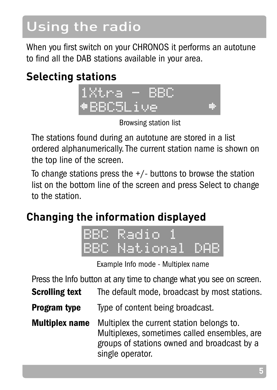 Using the radio, Selecting stations, Changing the information displayed | 1xtra - bbc, Bbc radio 1 bbc national dab | Pure Chronos - User Guide User Manual | Page 9 / 24