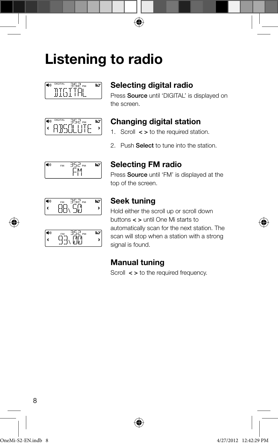 Listening to radio, Digital, Absolute | Selecting digital radio, Changing digital station, Selecting fm radio, Seek tuning, Manual tuning | Pure ONE Mi Series 2 User Manual | Page 10 / 20