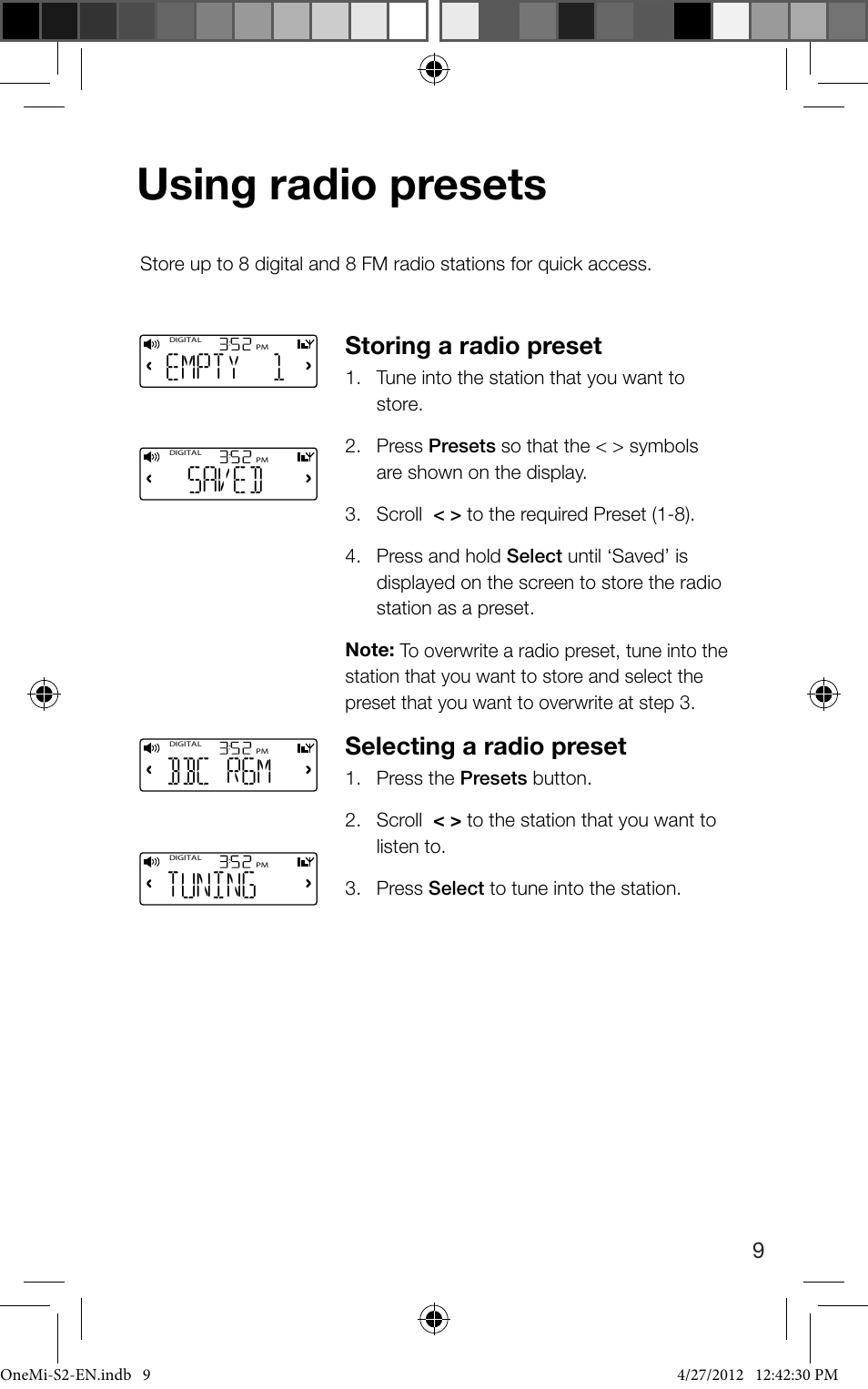 Using radio presets, Empty 1, Saved | Bbc r6m, Tuning, Storing a radio preset, Selecting a radio preset | Pure ONE Mi Series 2 User Manual | Page 11 / 20