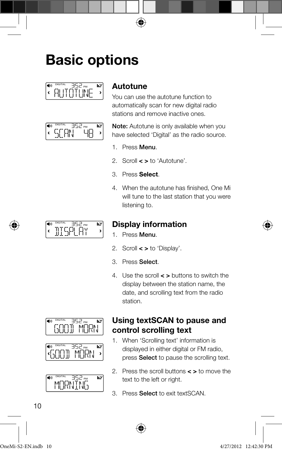 Basic options, Scan 48, Display | Good morn, Morning, Autotune, Display information, Using textscan to pause and control scrolling text | Pure ONE Mi Series 2 User Manual | Page 12 / 20