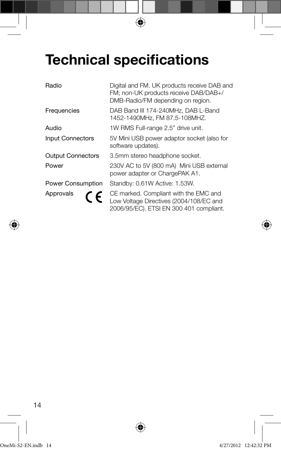 Technical specifications | Pure ONE Mi Series 2 User Manual | Page 16 / 20