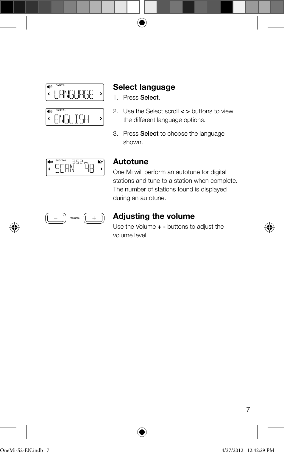 Scan 48, Language, English | Select language, Autotune, Adjusting the volume | Pure ONE Mi Series 2 User Manual | Page 9 / 20