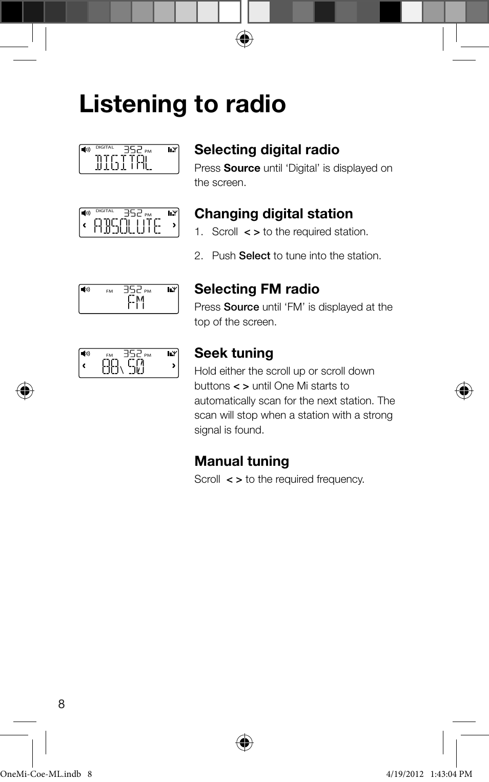 Listening to radio, Digital, Absolute | Selecting digital radio, Changing digital station, Selecting fm radio, Seek tuning, Manual tuning | Pure ONE Mi User Manual | Page 10 / 92