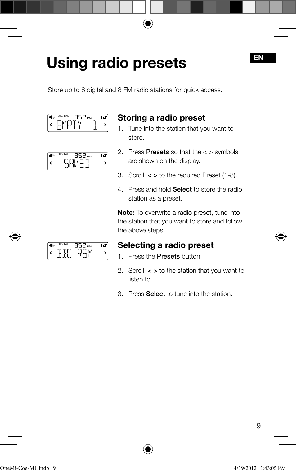 Using radio presets, Empty 1, Saved | Bbc r6m, Storing a radio preset, Selecting a radio preset | Pure ONE Mi User Manual | Page 11 / 92