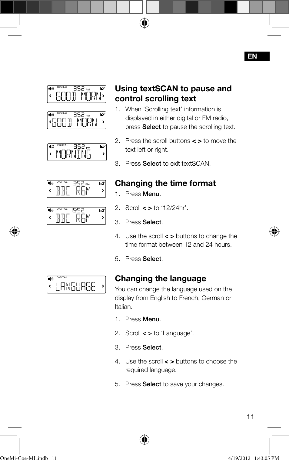 Bbc r6m, Language, Good morn | Morning, Using textscan to pause and control scrolling text, Changing the time format, Changing the language | Pure ONE Mi User Manual | Page 13 / 92