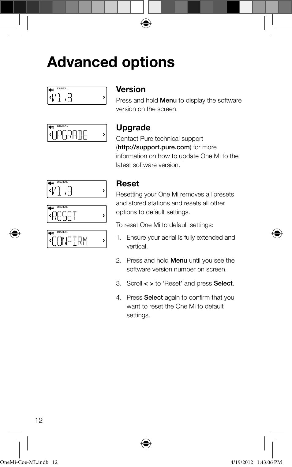 Advanced options, V1\3, Confirm | 0upgrade, Version, Upgrade, Reset | Pure ONE Mi User Manual | Page 14 / 92