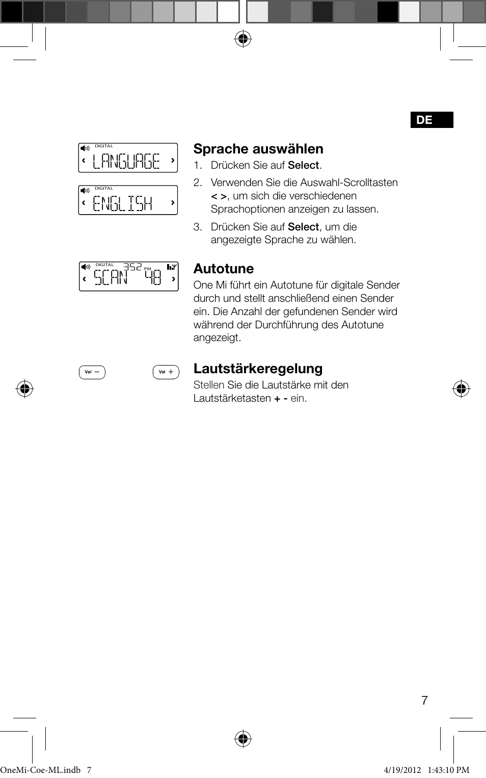 Scan 48, Language, English | Sprache auswählen, Autotune, Lautstärkeregelung | Pure ONE Mi User Manual | Page 25 / 92