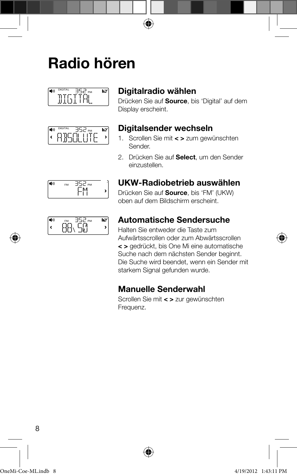 Radio hören, Digital, Absolute | Digitalradio wählen, Digitalsender wechseln, Ukw-radiobetrieb auswählen, Automatische sendersuche, Manuelle senderwahl | Pure ONE Mi User Manual | Page 26 / 92