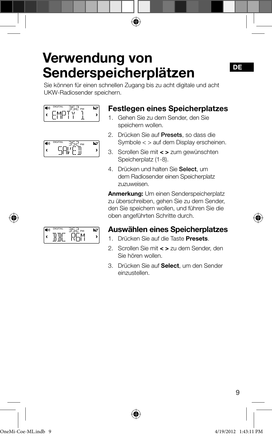 Verwendung von senderspeicherplätzen, Empty 1, Saved | Bbc r6m, Festlegen eines speicherplatzes, Auswählen eines speicherplatzes | Pure ONE Mi User Manual | Page 27 / 92