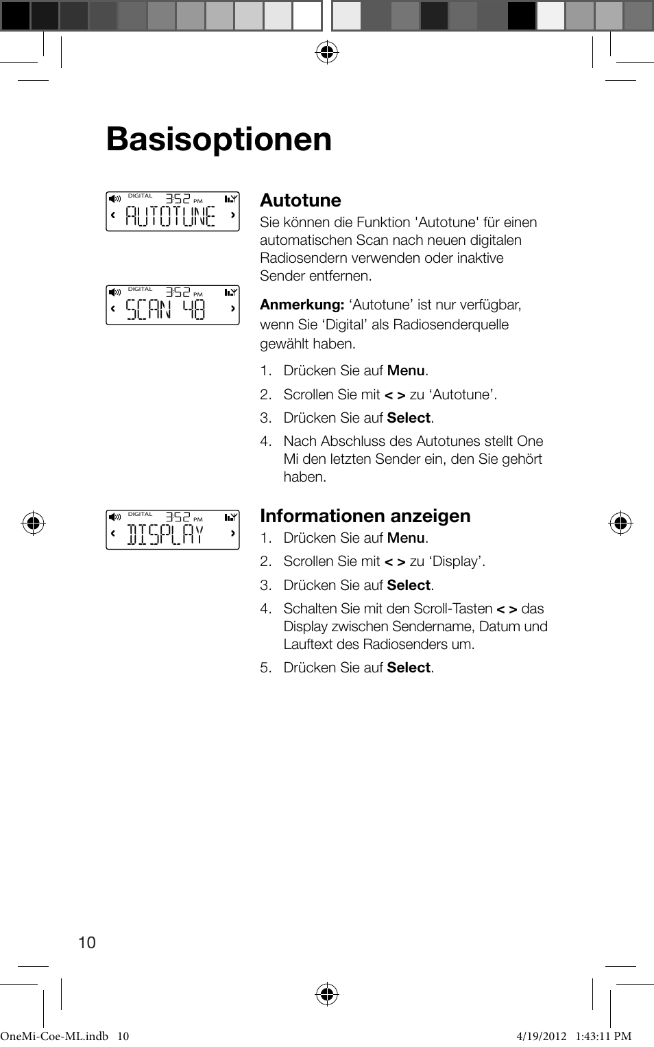 Basisoptionen, Scan 48, Display | Autotune, Informationen anzeigen | Pure ONE Mi User Manual | Page 28 / 92