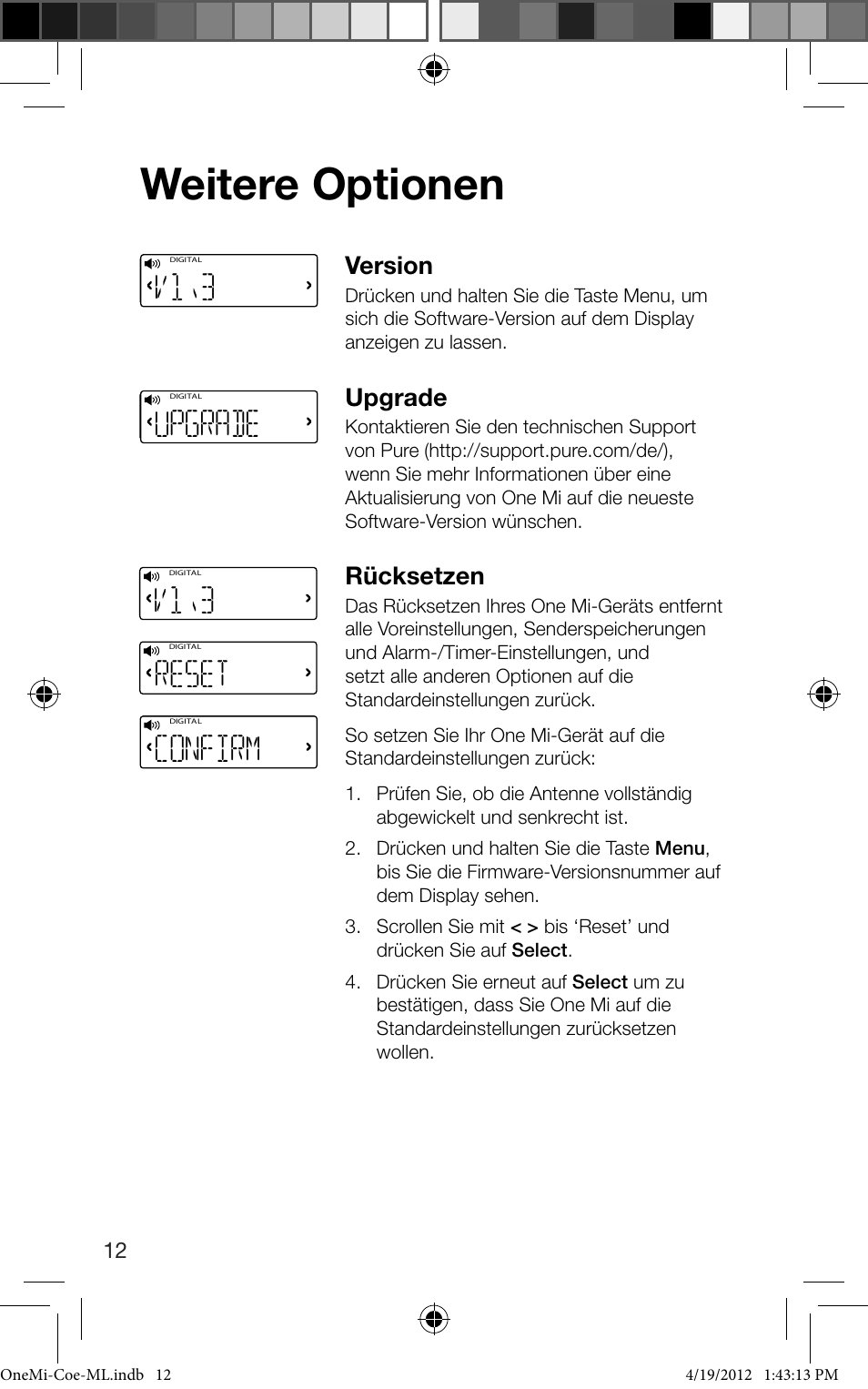 Weitere optionen, V1\3, Reset | Confirm, 0upgrade, Version, Upgrade, Rücksetzen | Pure ONE Mi User Manual | Page 30 / 92