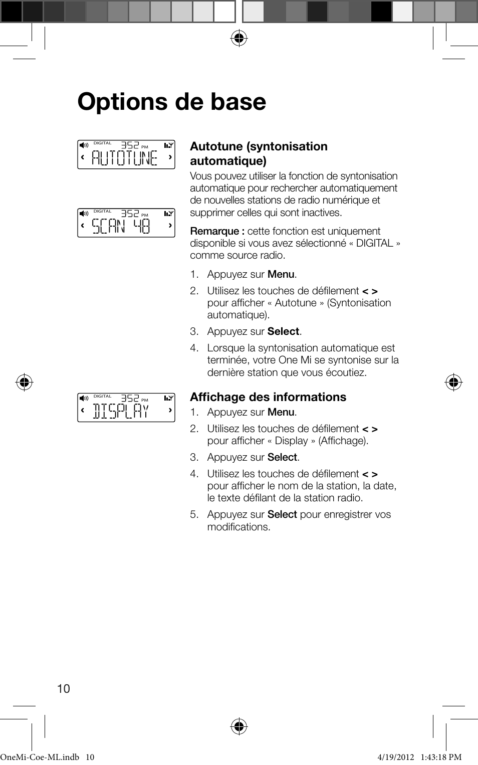 Options de base, Scan 48, Display | Autotune | Pure ONE Mi User Manual | Page 42 / 92