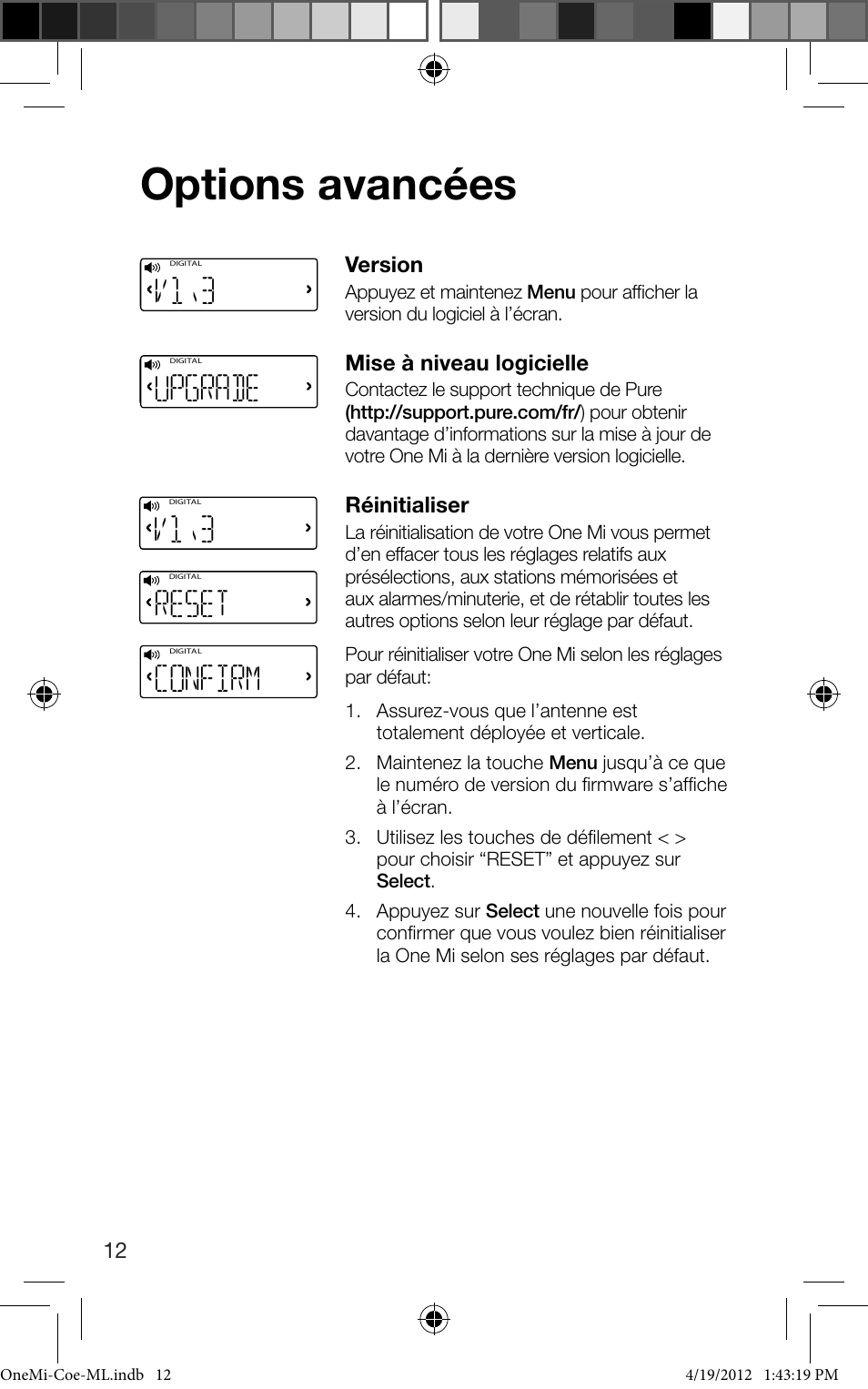 Options avancées, V1\3, Reset | Confirm, Upgrade, 0upgrade | Pure ONE Mi User Manual | Page 44 / 92