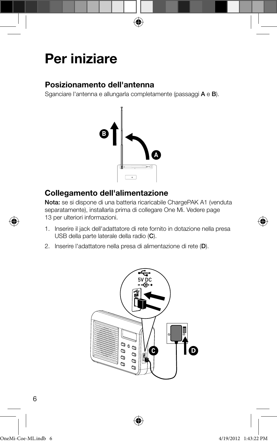 Per iniziare, Posizionamento dell'antenna, Collegamento dell'alimentazione | Pure ONE Mi User Manual | Page 52 / 92