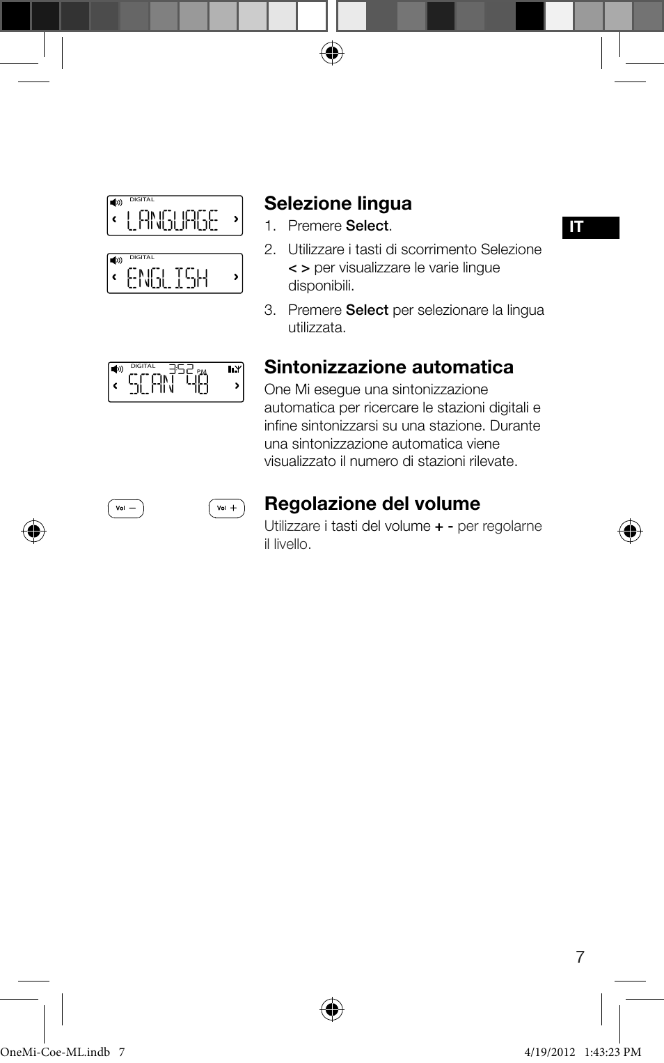 Scan 48, Language, English | Selezione lingua, Sintonizzazione automatica, Regolazione del volume | Pure ONE Mi User Manual | Page 53 / 92
