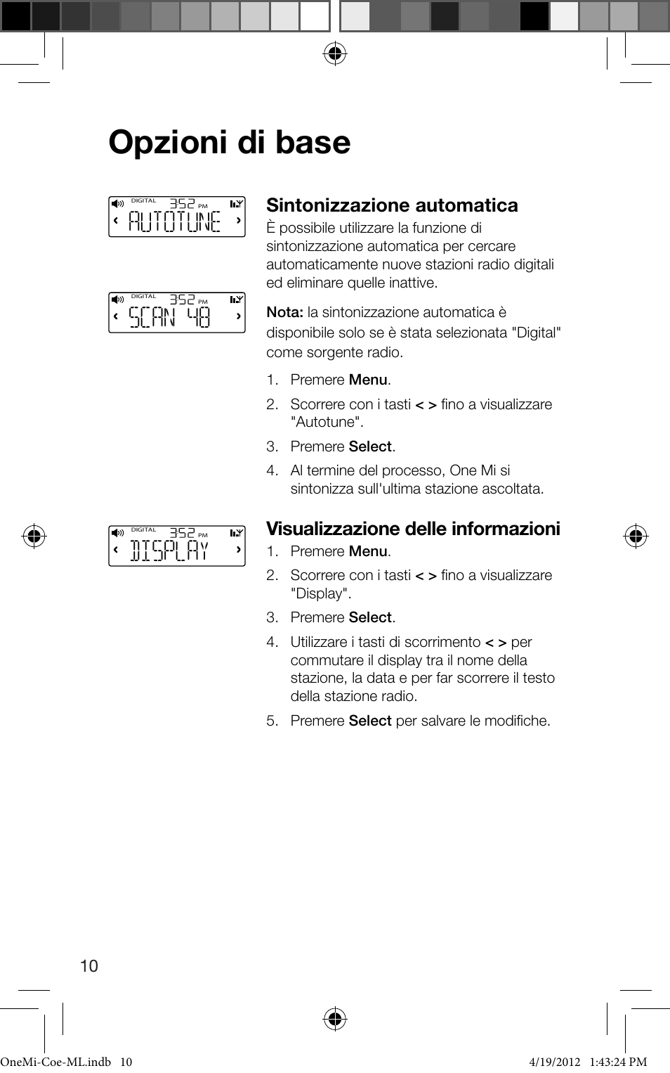 Opzioni di base, Scan 48, Display | Autotune, Sintonizzazione automatica, Visualizzazione delle informazioni | Pure ONE Mi User Manual | Page 56 / 92