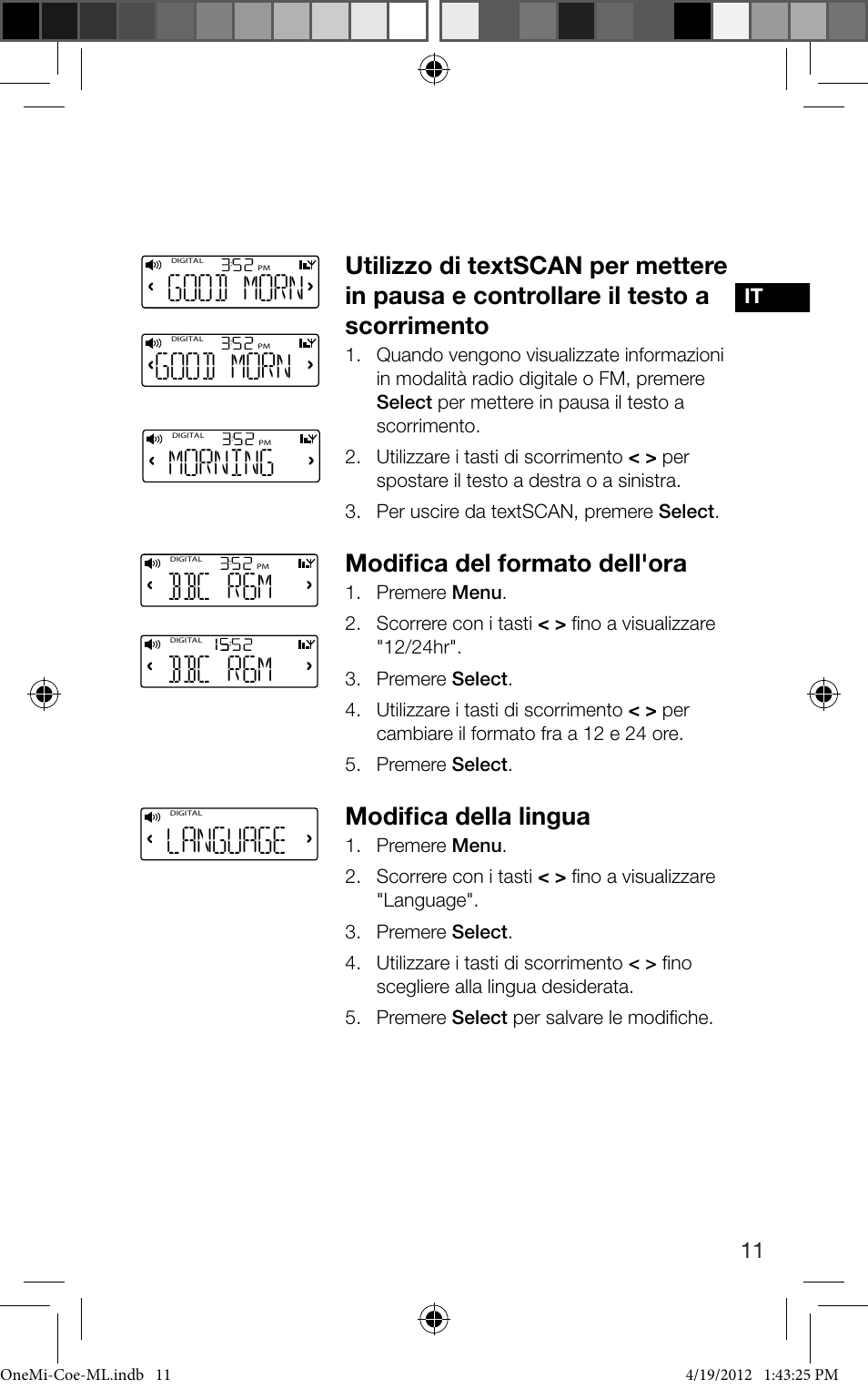 Bbc r6m, Language, Good morn | Morning, Modifica del formato dell'ora, Modifica della lingua | Pure ONE Mi User Manual | Page 57 / 92