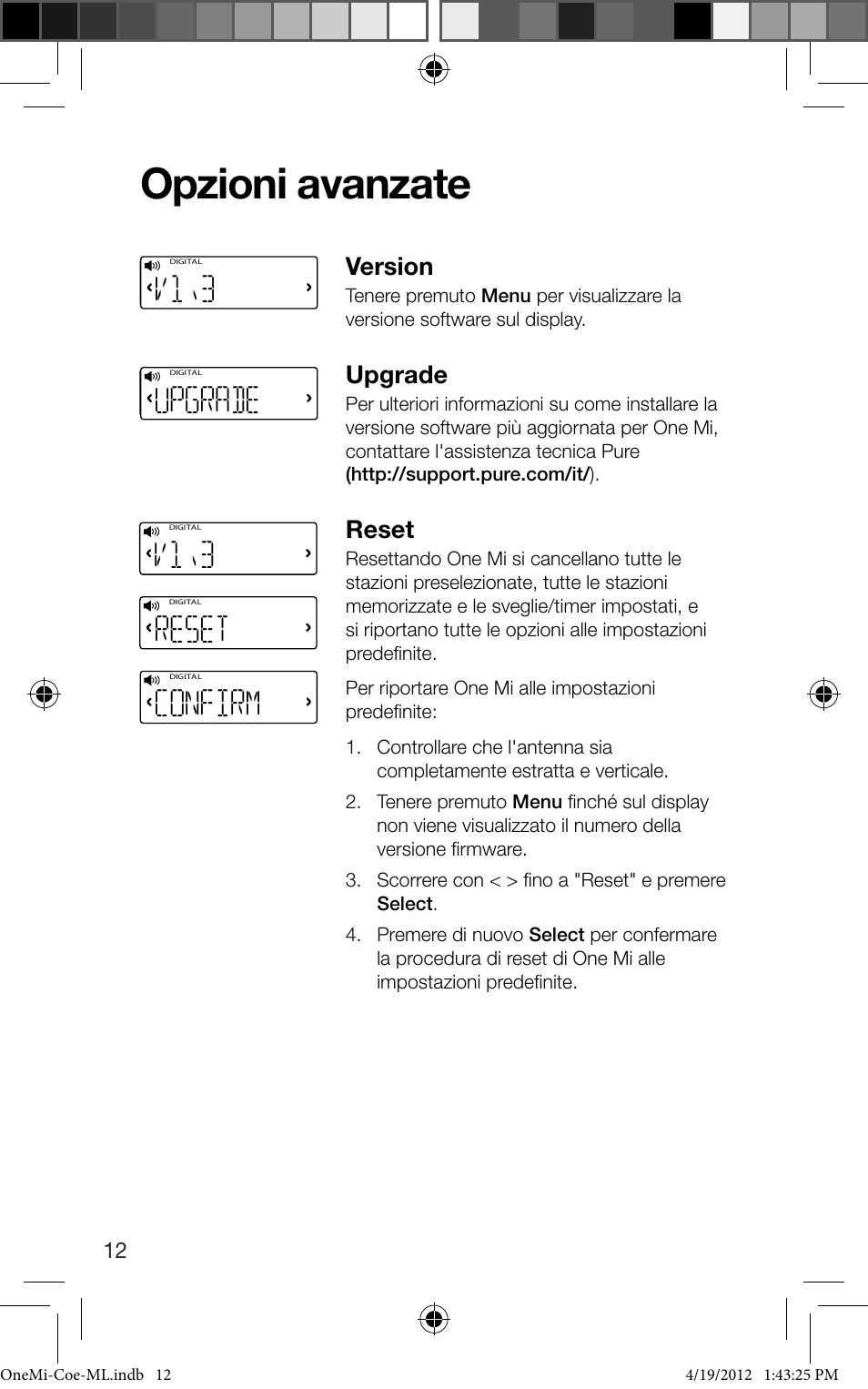 Opzioni avanzate, V1\3, Reset | Confirm, Upgrade, 0upgrade, Version | Pure ONE Mi User Manual | Page 58 / 92