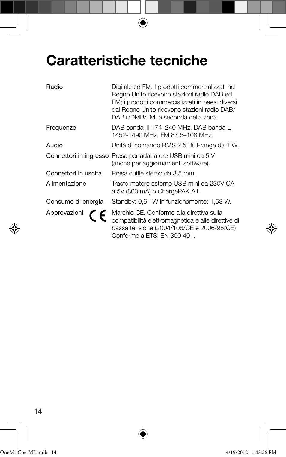 Caratteristiche tecniche | Pure ONE Mi User Manual | Page 60 / 92