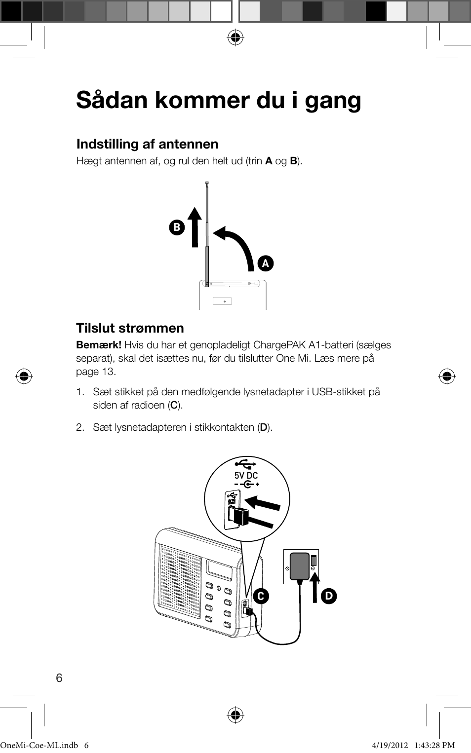 Sådan kommer du i gang, Indstilling af antennen, Tilslut strømmen | Pure ONE Mi User Manual | Page 66 / 92