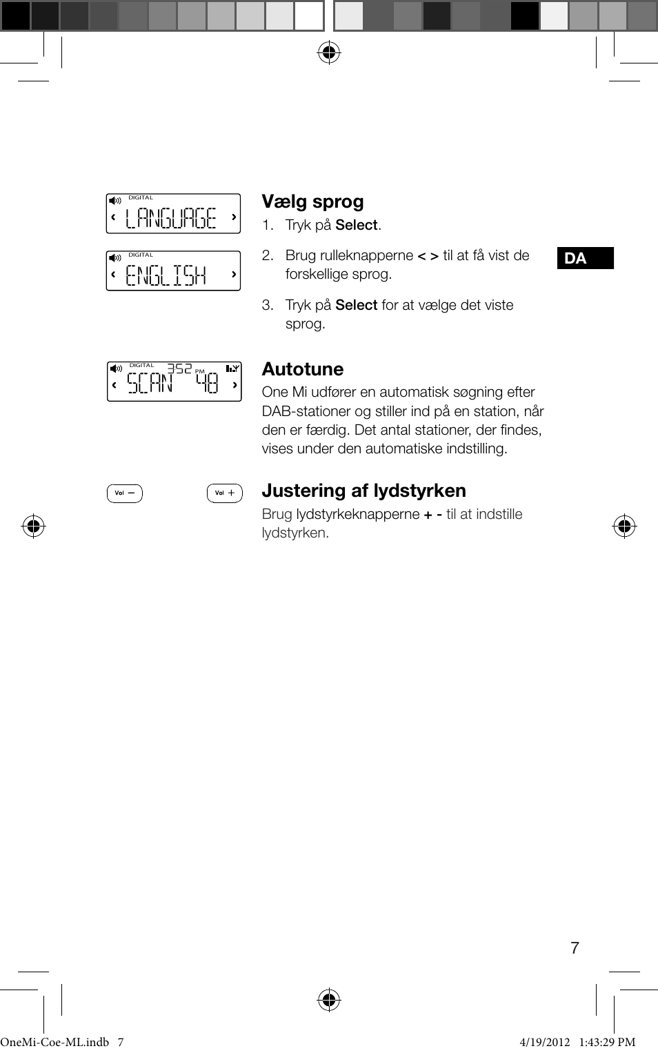 Scan 48, Language, English | Vælg sprog, Autotune, Justering af lydstyrken | Pure ONE Mi User Manual | Page 67 / 92