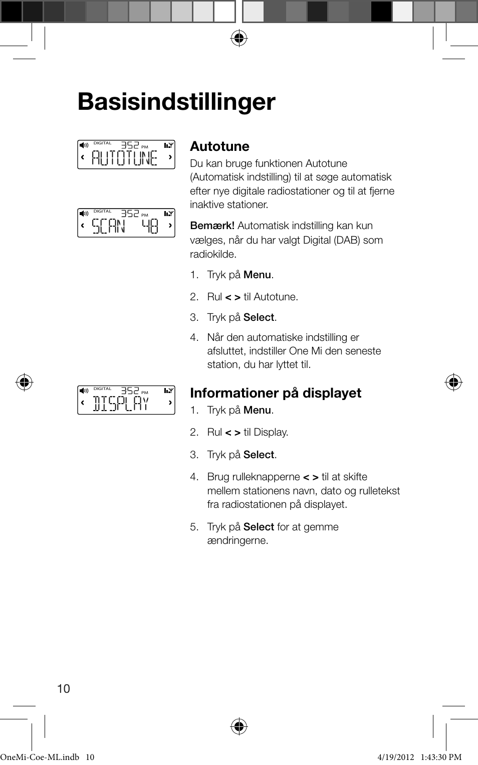 Basisindstillinger, Scan 48, Display | Autotune, Informationer på displayet | Pure ONE Mi User Manual | Page 70 / 92