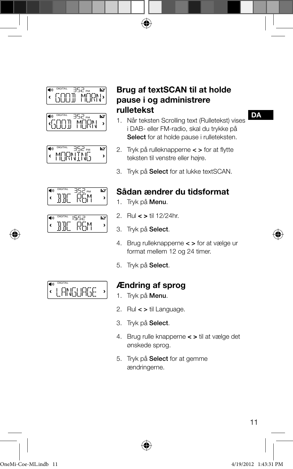 Bbc r6m, Language, Good morn | Morning, Sådan ændrer du tidsformat, Ændring af sprog | Pure ONE Mi User Manual | Page 71 / 92