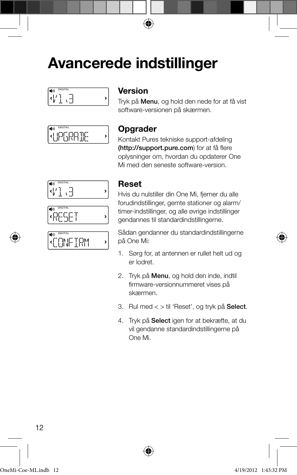 Avancerede indstillinger, V1\3, Confirm | Upgrade, 0upgrade, Version, Opgrader, Reset | Pure ONE Mi User Manual | Page 72 / 92