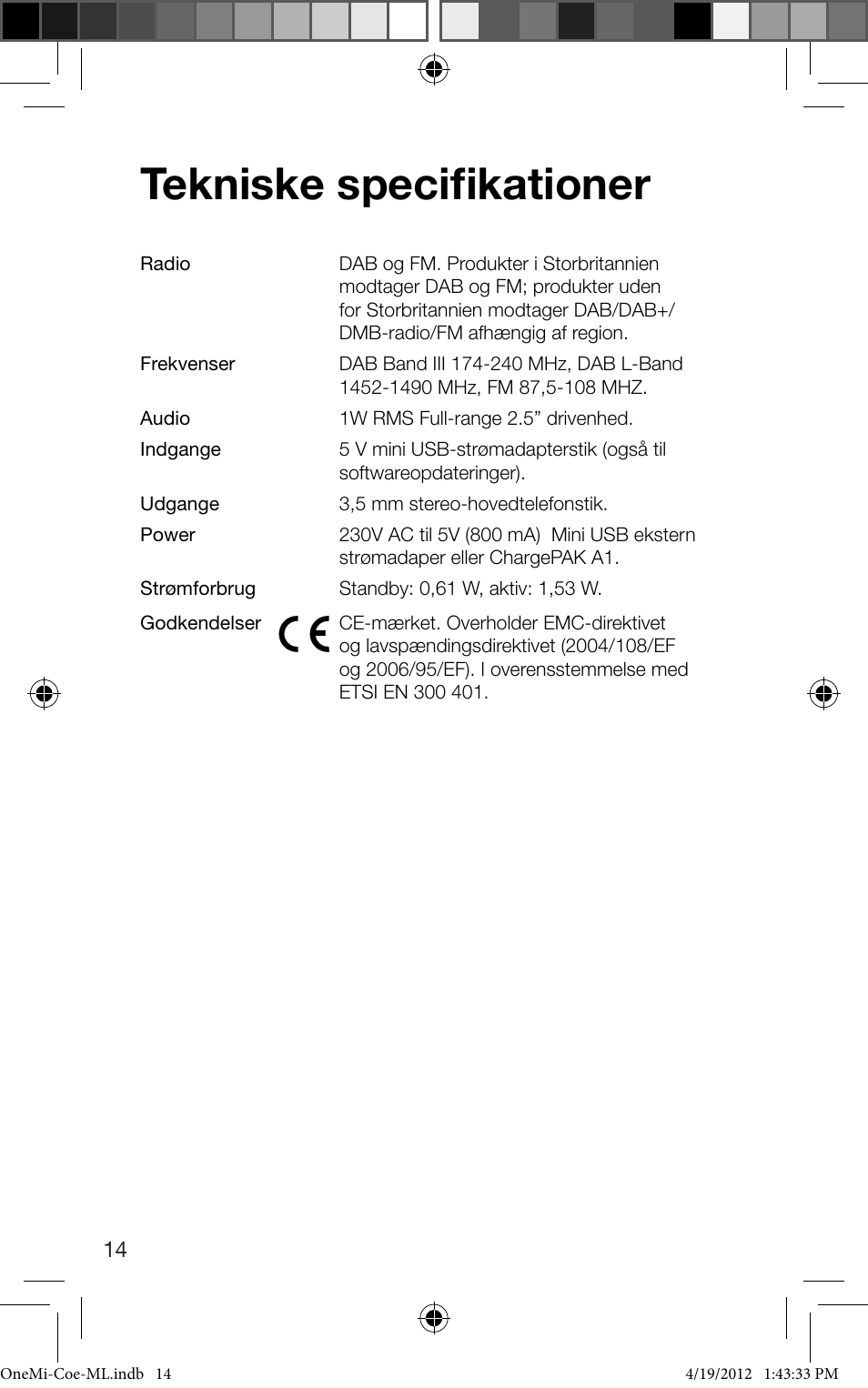 Tekniske specifikationer | Pure ONE Mi User Manual | Page 74 / 92