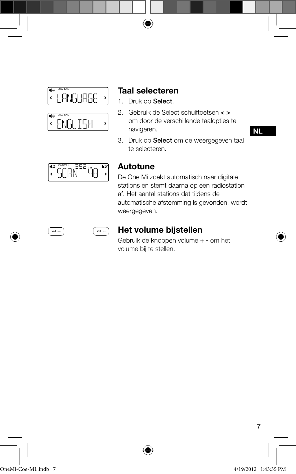 Scan 48, Language, English | Taal selecteren, Autotune, Het volume bijstellen | Pure ONE Mi User Manual | Page 81 / 92