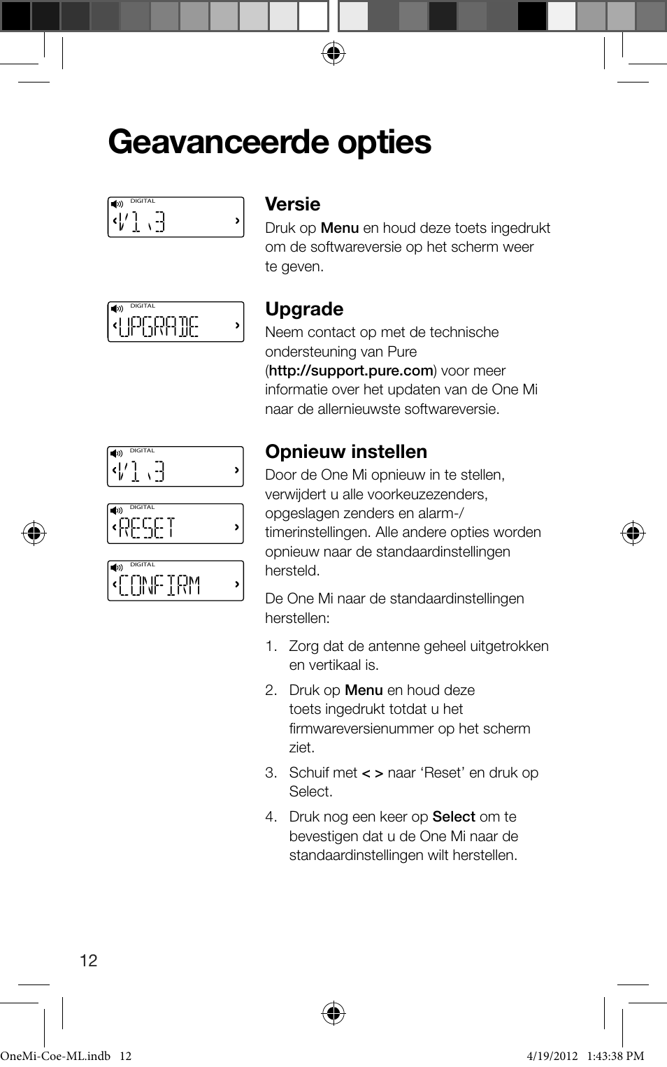 Geavanceerde opties, V1\3, Reset | Confirm, 0upgrade, Versie, Upgrade, Opnieuw instellen | Pure ONE Mi User Manual | Page 86 / 92