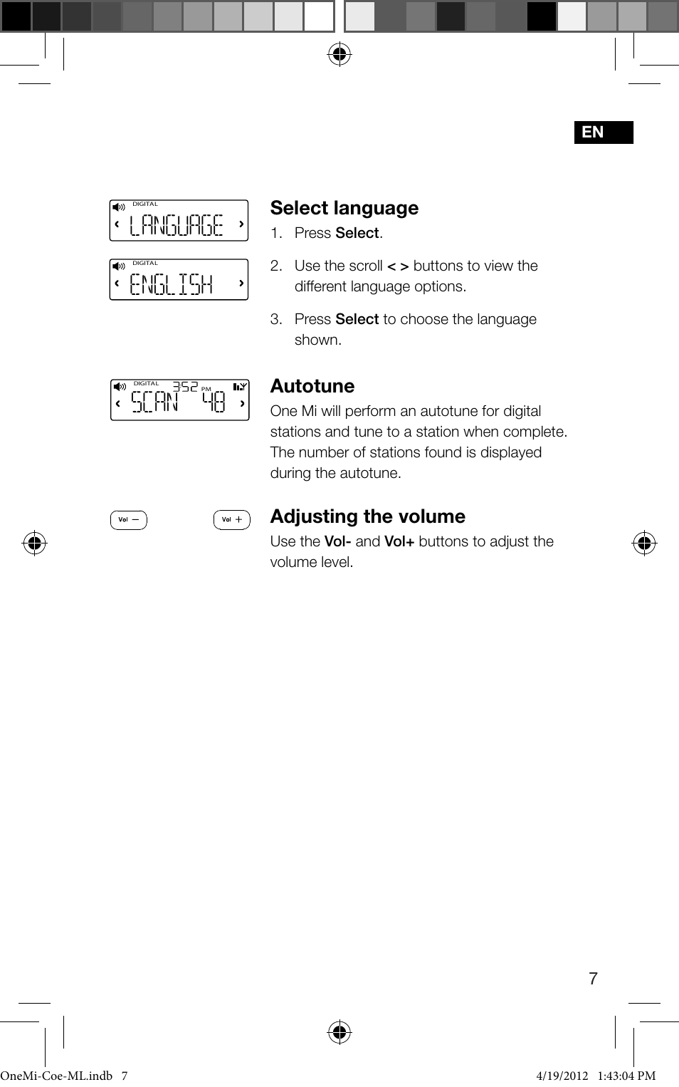 Scan 48, Language, English | Select language, Autotune, Adjusting the volume | Pure ONE Mi User Manual | Page 9 / 92