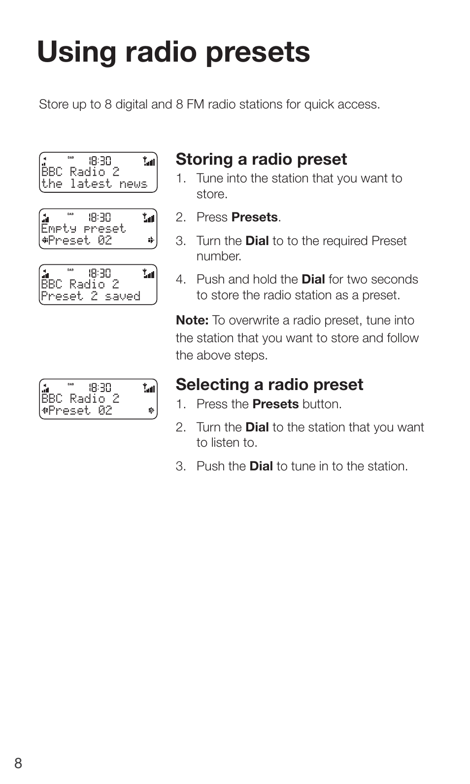 Using radio presets, Storing a radio preset, Selecting a radio preset | Pure ONE Mini/ONE Mini Series 2 - User Guide User Manual | Page 10 / 16