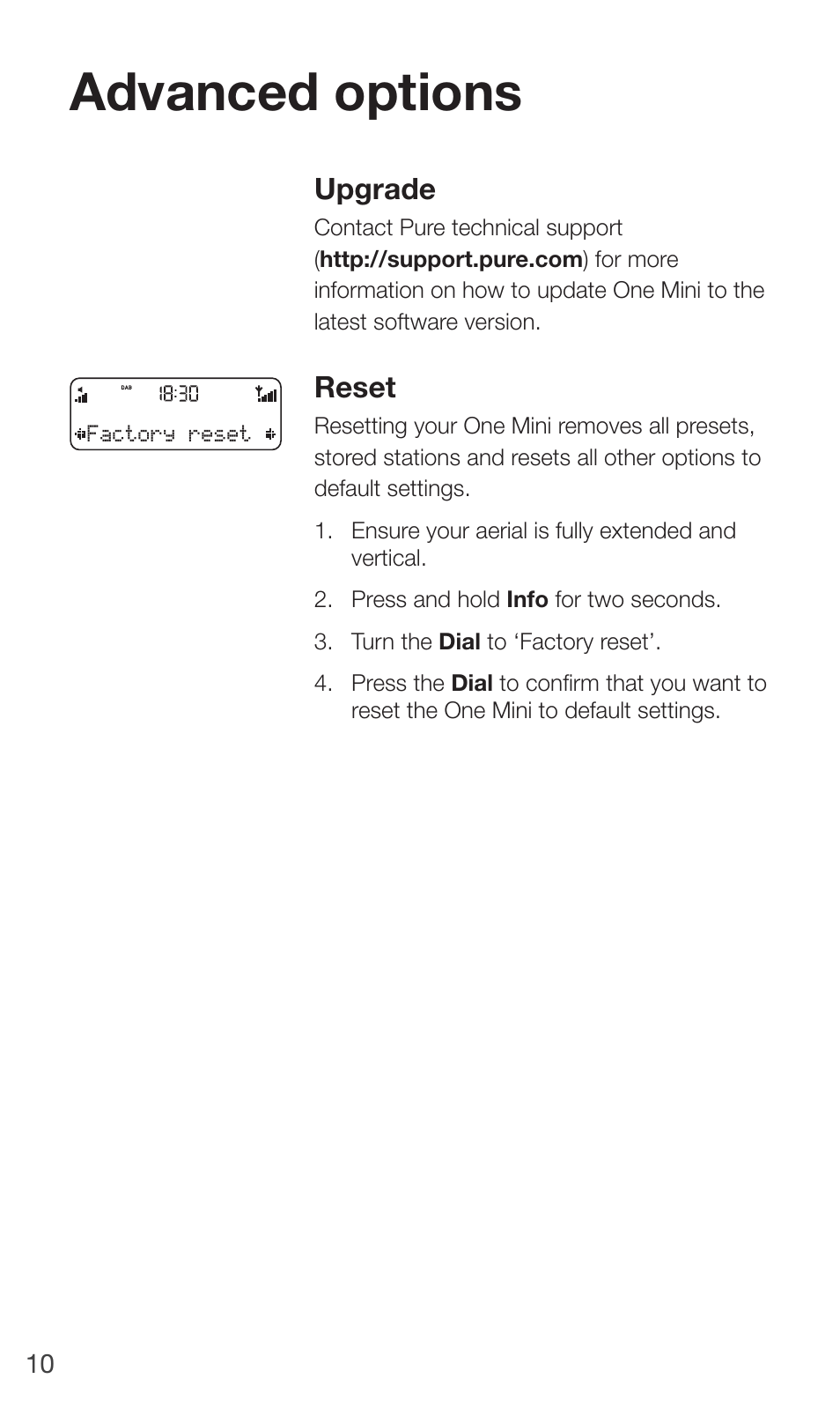 Advanced options, Upgrade, Reset | Pure ONE Mini/ONE Mini Series 2 - User Guide User Manual | Page 12 / 16